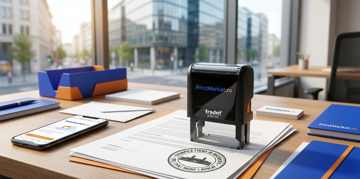 tampila firma in Bucuresti de la PrintMarket.ro aplicata pe un contract de afaceri pe un birou modern