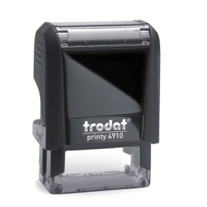 Ștampilă autotușantă neagră Trodat Printy 4910, privită din față, pe fundal alb.