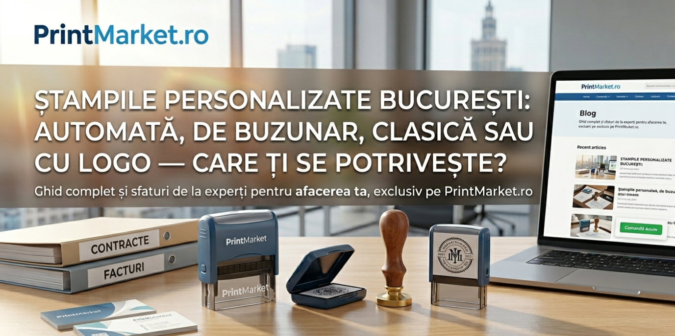 Ștampile personalizate București – modele automate, de buzunar și clasice din lemn pe un birou de companie, lângă laptopul cu site-ul PrintMarket.ro.