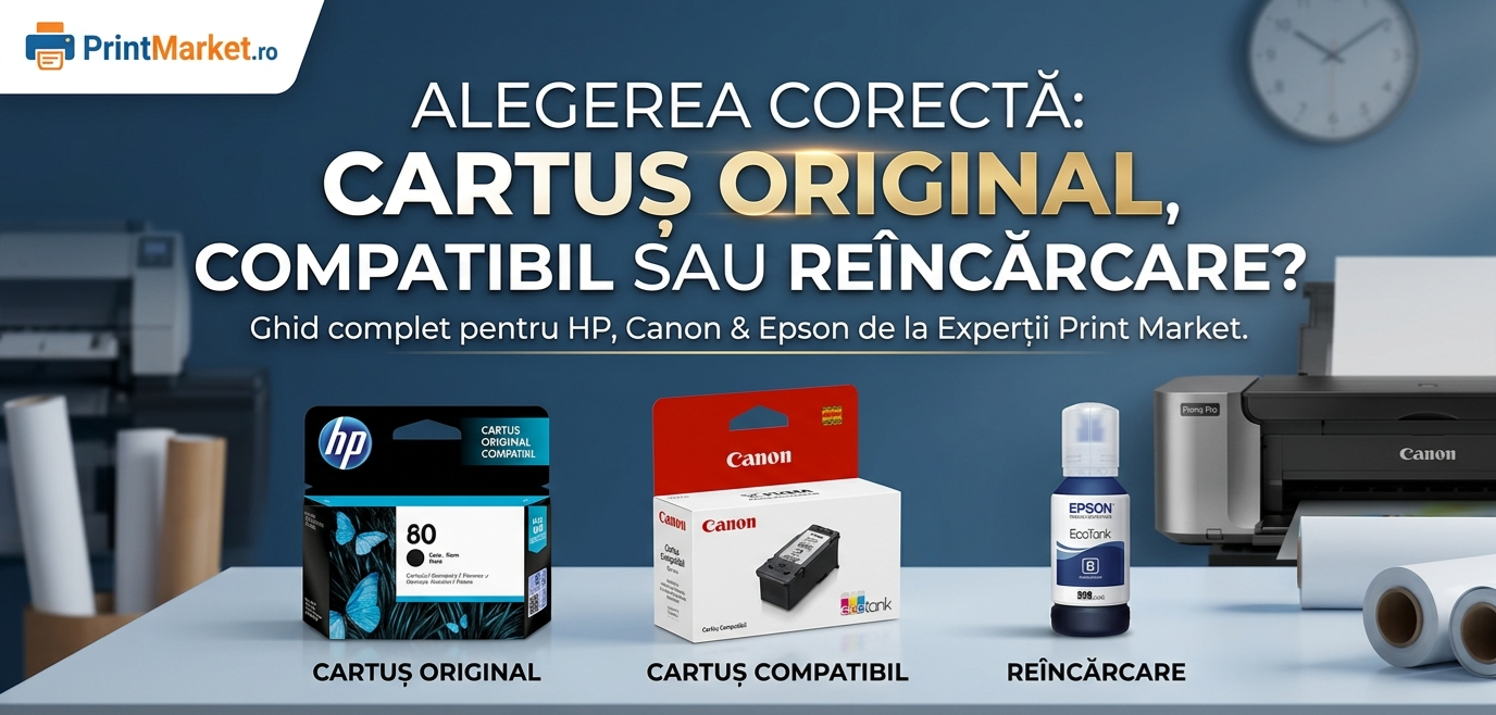 Infografic comparativ PrintMarket: cartuș original HP, cartuș compatibil Canon și cerneală de reîncărcare Epson EcoTank pe un birou profesional.